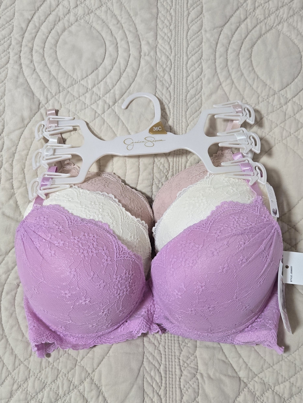 Brand New - 3-Pack Lace Push-Up Bras in Lilac, Cream & Blush -